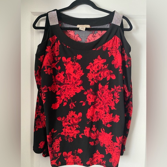 Diane Belle Off The Shoulder Red Floral Print Sleeve Top - Picture 3 of 5